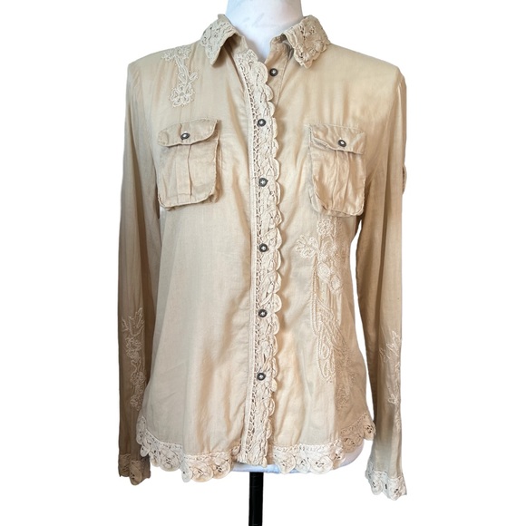 Sutton Studio Heavy Embellished Button Down Shirt Vintage Eyelet Trim Lace Beads - Picture 1 of 10